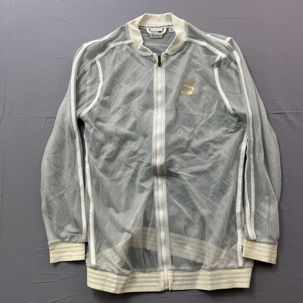 Puma Womens Mesh Track Jacket White Grey Sheer Full Zip Gold Logo Size Medium